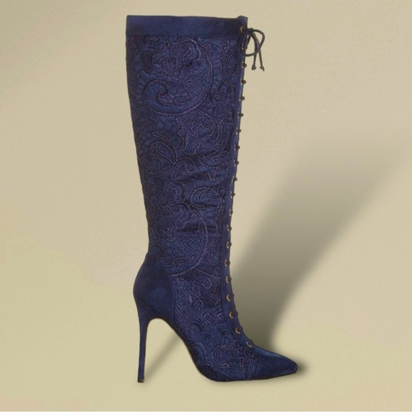 Anika Navy Blue Suede and Lace Stiletto Boots Lace Up Front Detail Side Full Zip - Picture 3 of 14
